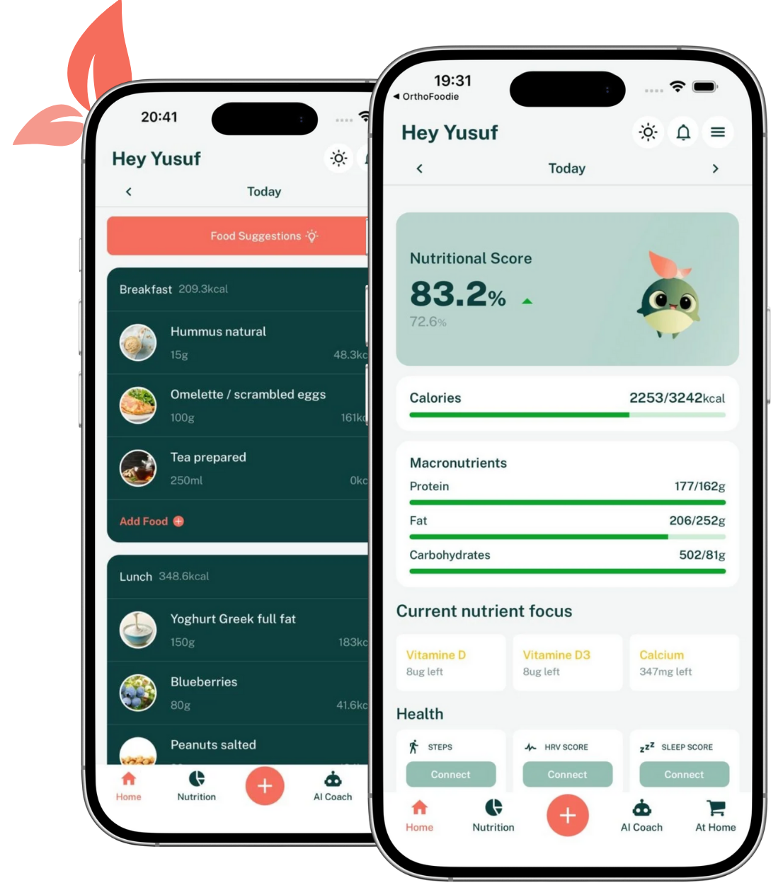 OrthoFoodie app on mobile showing a food diary with meal tracking and a nutrition report with micronutrient analysis.